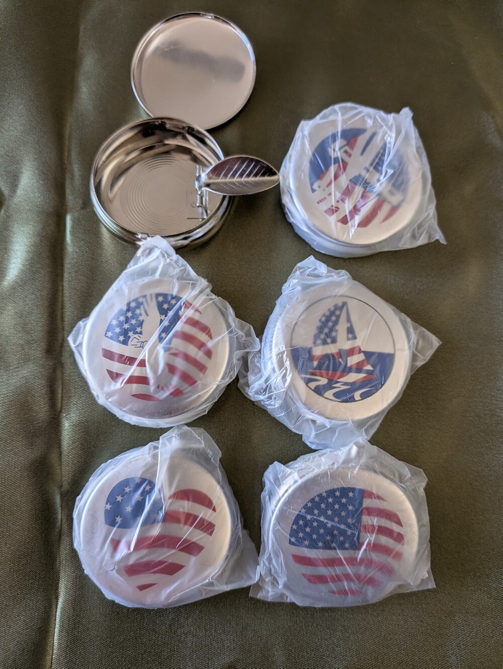 6 Patriotic Round Metal Tins - Silver with American Flag Design